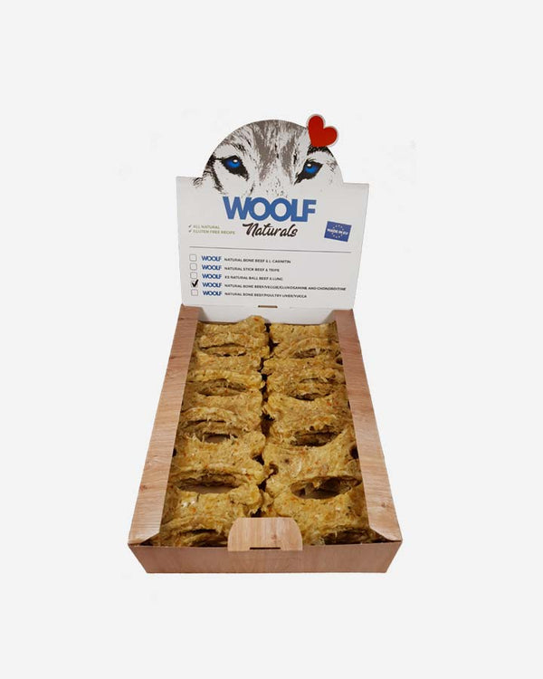 Woolf Natural Bone - Beef-Veggie-Glukosamin låda med 30 st hundsnacks